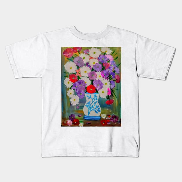 abstract carnations in a white vase with turquoise flowers on it . Kids T-Shirt by kkartwork